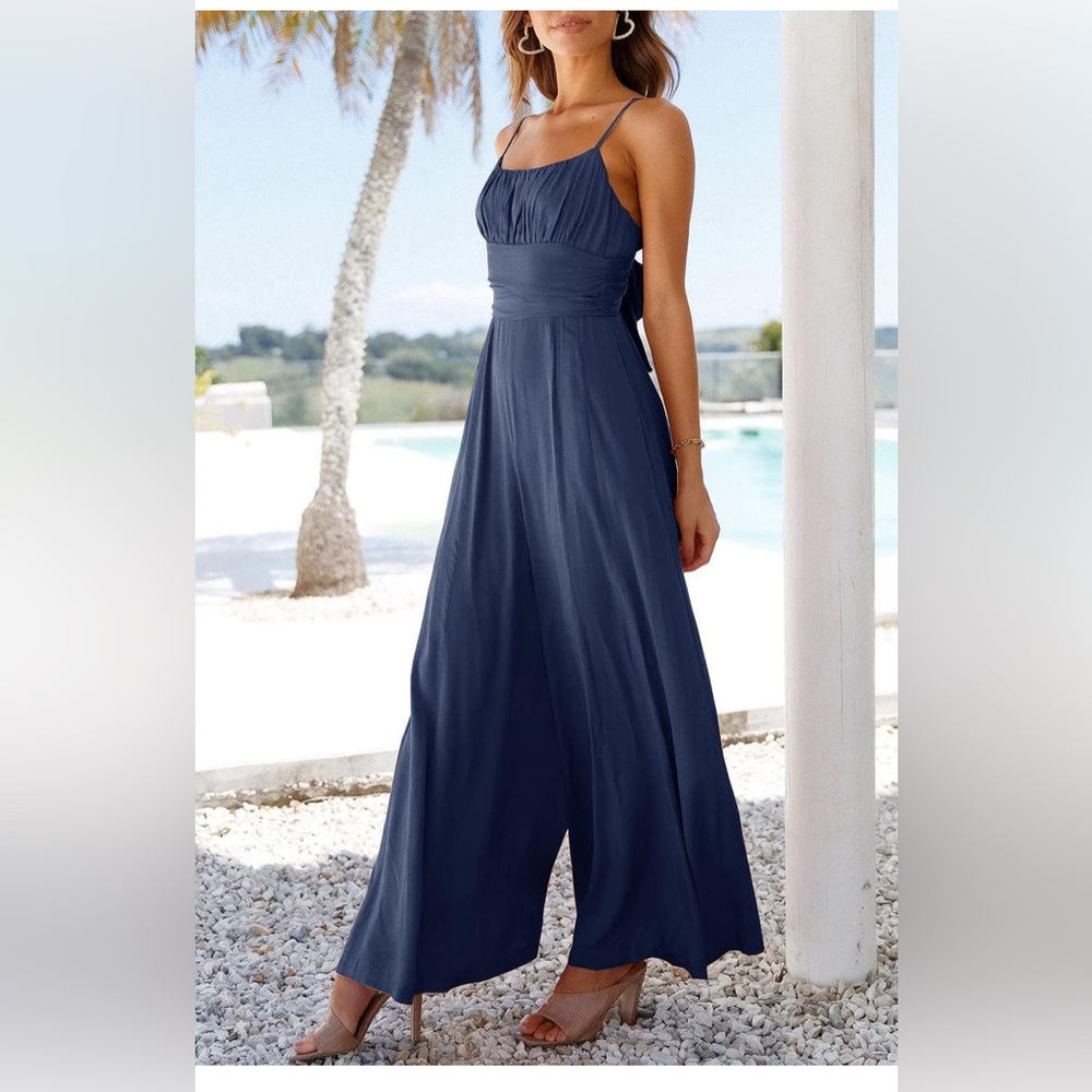 Ferlema Square Neck Sleeveless Adjustable Straps Wide Leg Romper with Pockets